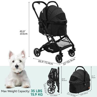 Візок для собак YITAHOME - чорний, для маленьких собак до 15.9 кг, 3-в-1, складаний, візок для котів та дітей