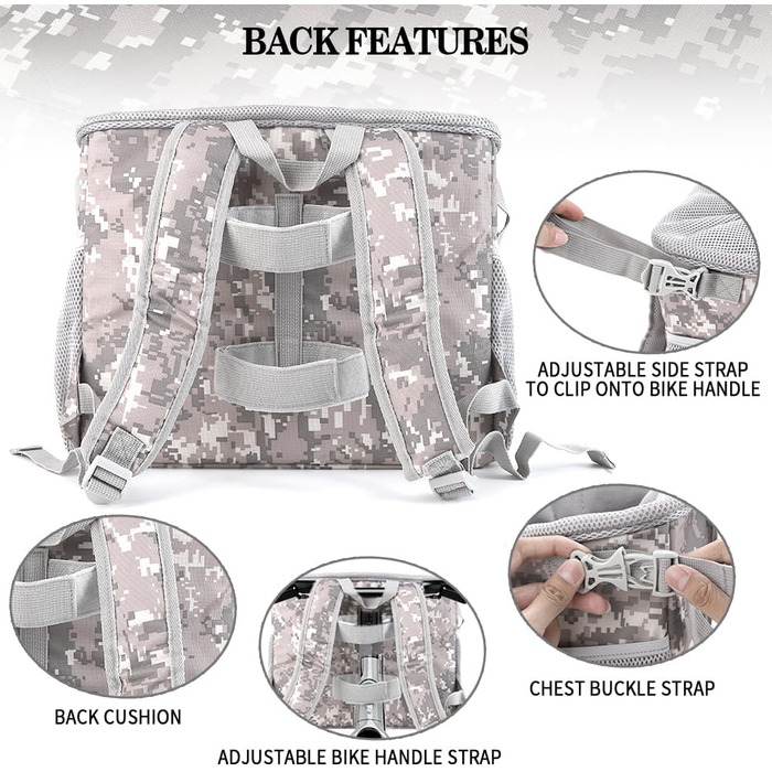 Велосипедна сумка-переноска для собак та котів до 6,8 кг, сірого кольору. З регульованим плечовим ременем та страхувальним тросом.