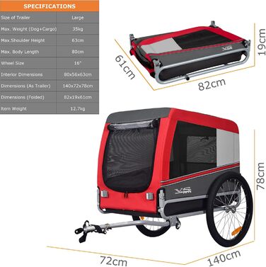 Тігго VS Pets L: велопричіп для собак великого розміру, 270 л, до 35 кг, червоний