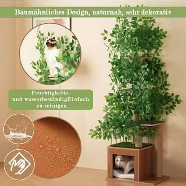 Кігтеточка для котів CareCooo 135 см з 12 стержнів, стабільна, з будиночком, сизаль, захист від перекидання, водонепроникна, для великих котів, коричнево-біла (зелений + МДФ, XL)