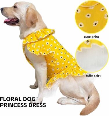 Сукня для собак великих порід UOSIA з квітковим принтом, жовта в горошок, 6XL, для вечірки, дня народження, весілля, легка та дихаюча