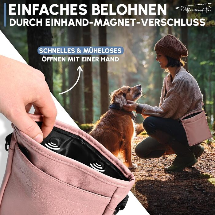 Футляр для ласощів для собак Ostfriesenpfoten® 'Frieda' з високоякісної штучної шкіри, пудрово-рожевий, розмір L, з магнітною застібкою EasyOpen, сумка для ласощів для собак, рожевий, L