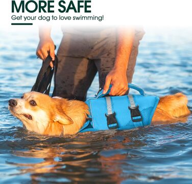 Жилет для собак Kuoser великий, рятувальний жилет для собак з ручкою та світловідбиваючими елементами, регульований, для великих собак, покращений плавучість, (S, блакитний)