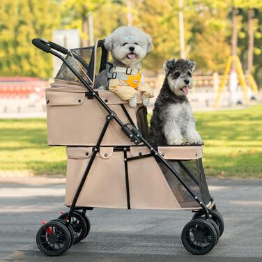 Складаний візок для собак на 2 яруси, переноска для домашніх тварин до 24 кг, візок для собак з сітчастими віконцями, ремінь безпеки, 4 колеса, складаний візок для котів та маленьких собак (колір: коричневий)