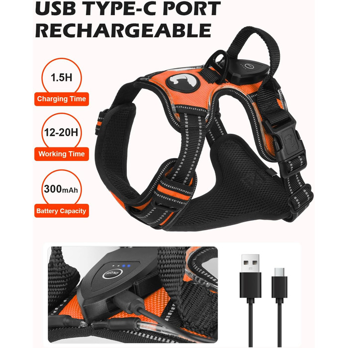 Світловідбиваючий нашийник для собак Joytale з LED, для середніх та великих собак, без натягування, з ручкою, регульований, для нічних прогулянок, зелений/помаранчевий, M/XL