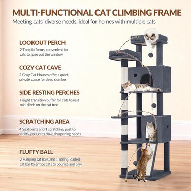 Котячий будиночок Kratzbaum 178 см: стабільний, з дряпальними стовпцями, лежаками та платформами, сірий