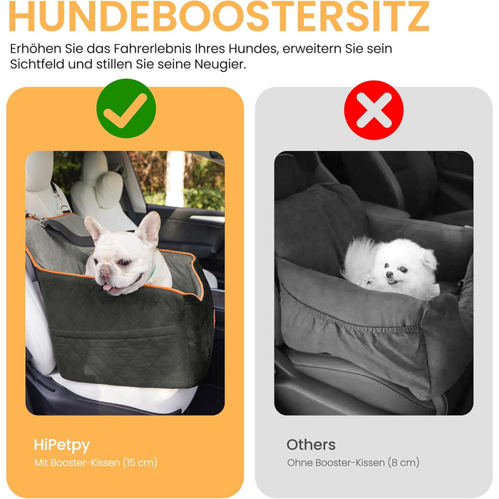 Автокрісло для собак HiPetpy – зручне автоліжко з підстилкою та подушкою для собак до 14 кг, з безпечним ременем, неслизьке автоліжко з кишенями для зберігання (сірий)