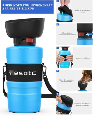 Складана пляшка для води для собак Lesotc 1000 мл, витоку немає, блакитна