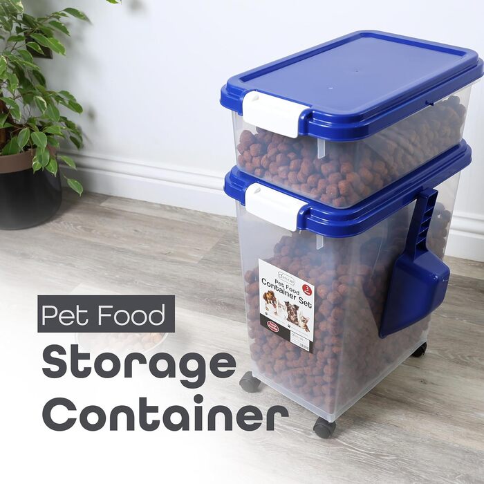 DIVCHI Контейнер для зберігання корму для тварин 3в1 з мірною ложкою, синій. Підходить для собак, котів та інших тварин. Герметичний, з роликами, для сухого корму.