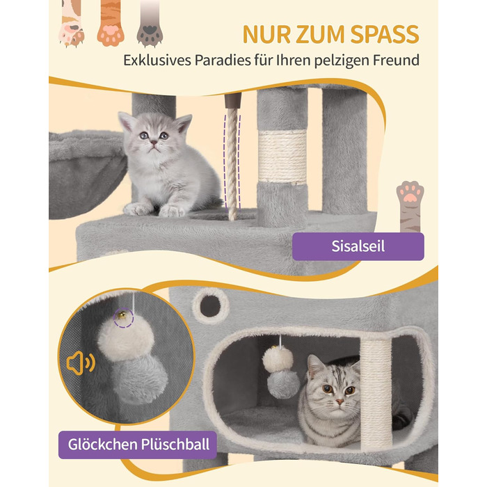 Кігтеточка для котів Hzuaneri, 159 см, з 8 стовпчиками, 3 платформами, 2 ховалами, корзиною, плюшевими кульками, мотузкою з сизалю, підходить для котів різних розмірів, MS15918LG (XL, світло-сірий)