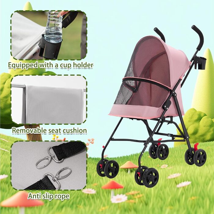 Візок для собак Homewell 2в1, прогулянковий візок-переноска з підсклянниками, з гальмом та водонепроникним тентом, рожевий