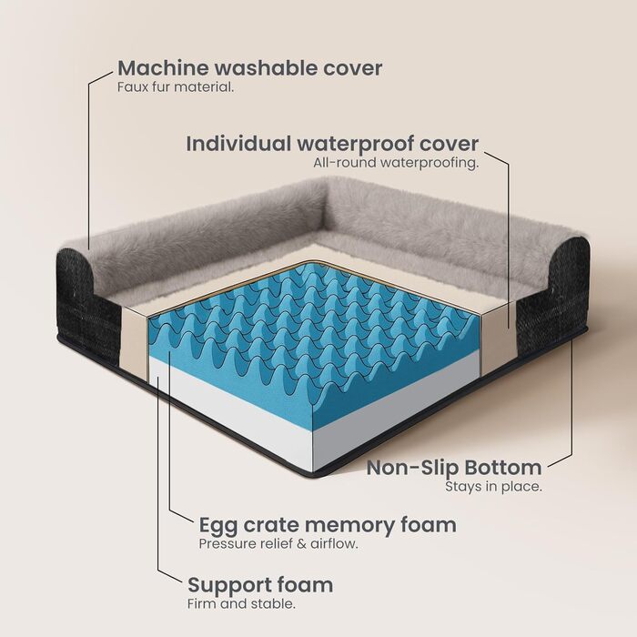LaiFug Велике собаче ліжко, для середніх та великих собак, з ортопедичною функцією, водовідштовхувальне, знімний та пральний чохол. (271 x 201 x 19,5 см, Шкіряно-сірий)