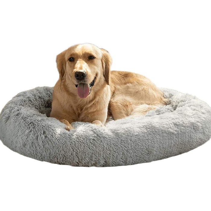 М'яке ліжко-софа для собак Deluxe, кругла, плюшеве, сірого кольору. Підходить для великих та екстра-великих собак. Водонепроникне дно. Розмір: 80 см