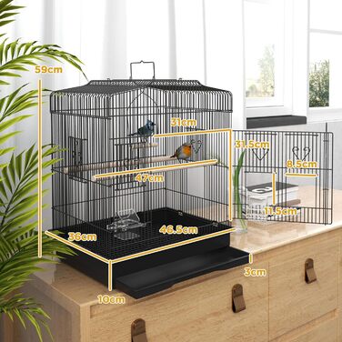 Клітка для птахів PawHut з жердинами, годівницями, гойдалкою, для хвилястих папужок, канареек, дрібних птахів, 46,5 x 36 x 59 см, чорна