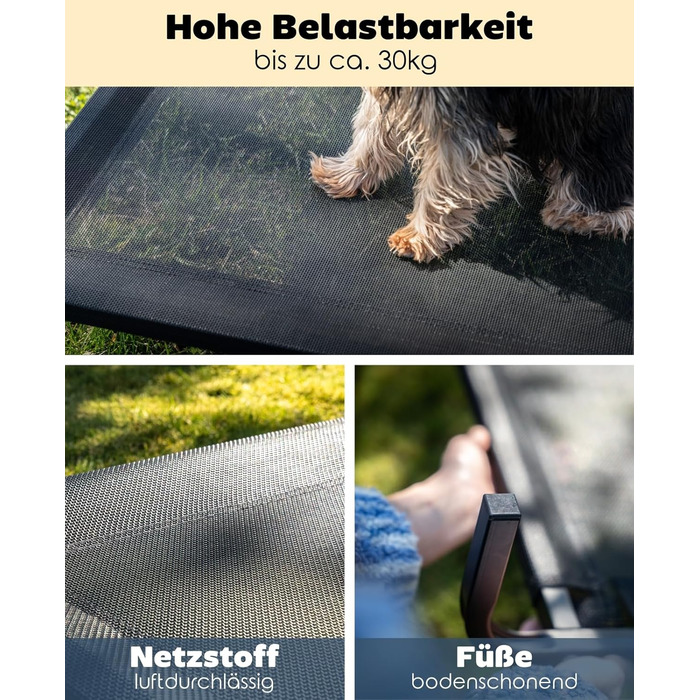 Лежанка для собак Lionto Outdoor, 75x47 см, піднята, з металевим каркасом, чорна, знімний дихаючий чохол