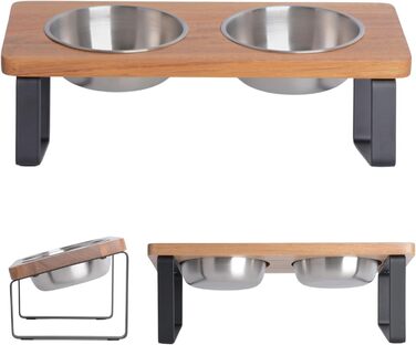 Підвищена годівниця для котів та маленьких собак з кераміки та дерева (Акація - Нержавіюча сталь)