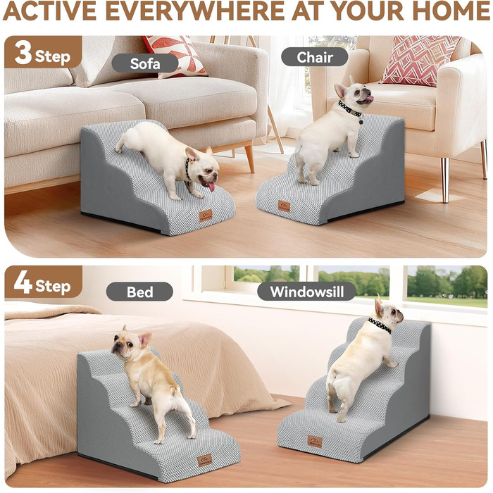 Сходинки для собак 4-х ступеневі для ліжка, 50.8 см, вигнута сходинка для літніх/поранених собак, котів, крісла або дивана, преміум-піна, антиковзаюча рамка для собак