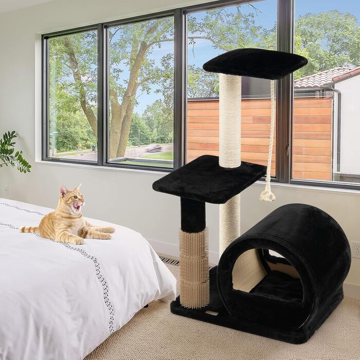 Дряпка для котів COSTWAY 92 см з будиночком, дряпальною дошкою, щіткою, м'ячиком та плюшевим сидінням. Кліматичний комплекс для котів, чорний