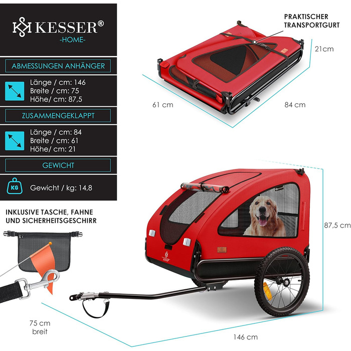KESSER Причіп для собак Boxer 2-в-1, візок і велопричіп, 250 л, 45 кг, 600D Оксфорд, складаний, з прапором і сумкою