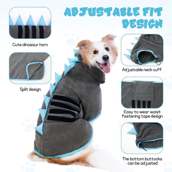 Рушник для собак з мікрофібри, швидковисихаючий, регульований, надзвичайно поглинаючий для середніх та великих собак, легко одягається (Сіро-зелений, Сіро-блакитний, S)