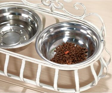 Підвищені годівниці для собак та котів, подвійні миски з нержавіючої сталі, годівниця для домашніх тварин з металевим стійкою Fleur de Lis (антична білизна), біла еліпс