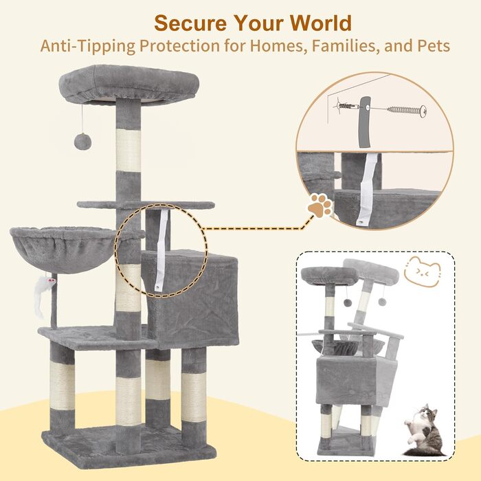 Комплекс для котів Heybly Kratzbaum HCT004SW: Дряпка-кігтеточка з іграшками, будиночок, лежанка, сізаль, світло-сірий (43.3 дюйми)
