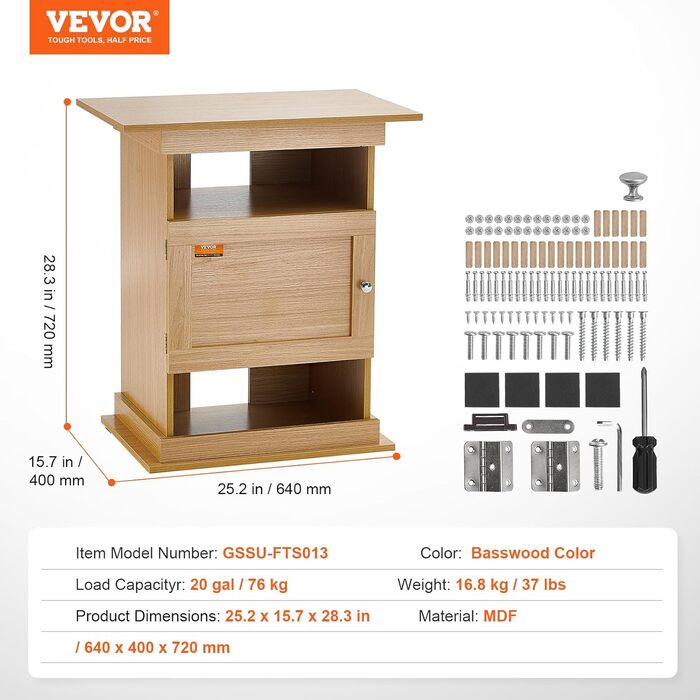VEVOR акваріумна тумба 64x40x72 см для акваріума 20 галонів, тераріуму, рептилій, з шафкою, МДФ, вантажопідйомність 76 кг, колір світлого дерева