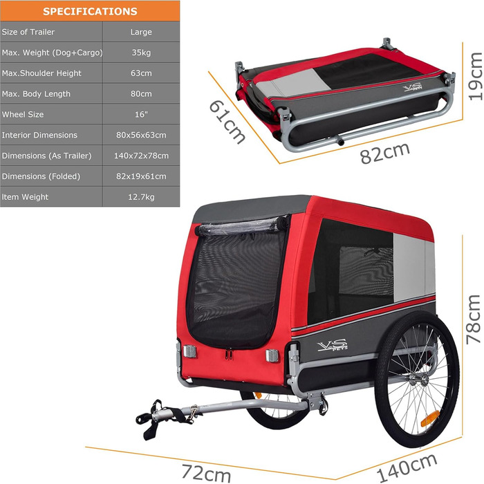 Тігго VS Pets L: велопричіп для собак великого розміру, 270 л, до 35 кг, червоний