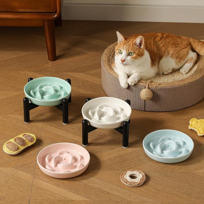 Антислизький годівниця для котів з кераміки з металевим підставкою - Підвищена годівниця проти заковтування - Лабіринтова миска для повільного годування - Рожева миска + метал - Рожевий колір