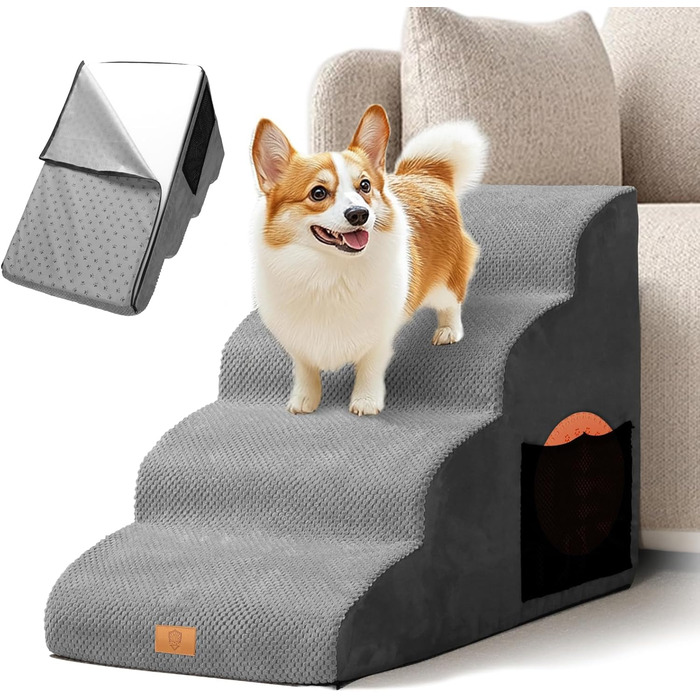 Сходинка для собак Masthome: 3 сходинки, 40 см, для маленьких собак та котів, сіра (губка)