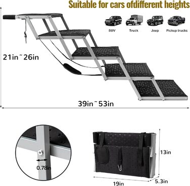 Сходинка для собак у машину – широка, складна, з антиковзким покриттям, для авто, SUV, вантажівок, витримує до 113 кг, 5 сходинок, срібна