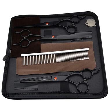Набір професійних ножиць для грумінгу собак, 18 см (7 дюймів). Включає 2 ножиці для стрижки, ножиці для розрідження та гребінець. Підходить для грумінгу обличчя, шиї, носа та лап собак та котів. Чорний колір.
