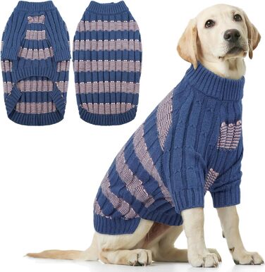 Синій теплий в'язаний пуловер для собак великих порід з отвором для повідка, розмір XXL (14,5–24,5 кг)