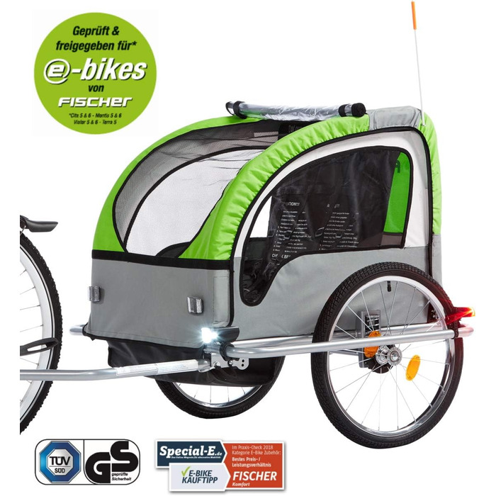 Дитячий велопричіп Fischer Komfort з підвіскою, сертифікований TüV/GS, зелений/антрацитовий, для 2 дітей