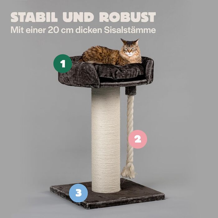 Дряпка для великих котів RHRQuality Chartreux 80 см, товстий сизалевий стовп 20 см, велика лежанка 60 см, бежевий (taupe)