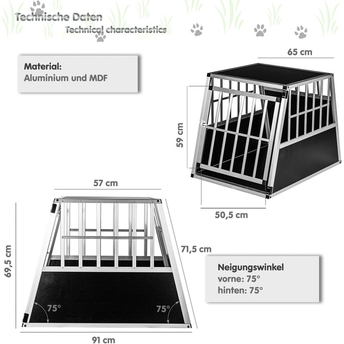 Кія для собак з похилою передньою та задньою стінками, 75° - вибір розміру, M (54×69×60 см), L (65×91×69,5 см)