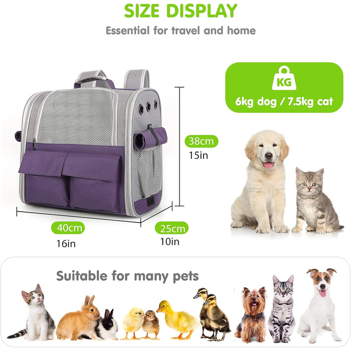 Рюкзак для тварин PETCUTE: переноска для собак та котів, знімний килимок, безпечний ремінь, зелений (фіолетовий)