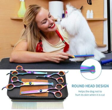Набір професійних ножиць для грумінгу тварин CLQ (5 шт.) з нержавіючої сталі 4CR, безпечні, з титановим покриттям, для собак та котів