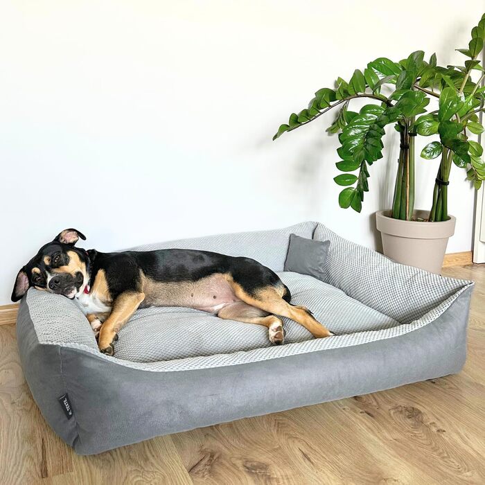 Квіткове ліжко для собак Teo 100x80 см, сіре - м'яке, знімний чохол, для собак середніх порід