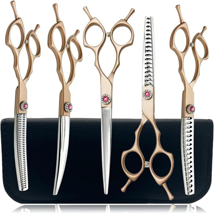 Набір професійних ножиць для грумінгу собак: прямі, вигнуті, ножиці для розрідження (40%-50%) та ножиці-чілуєри