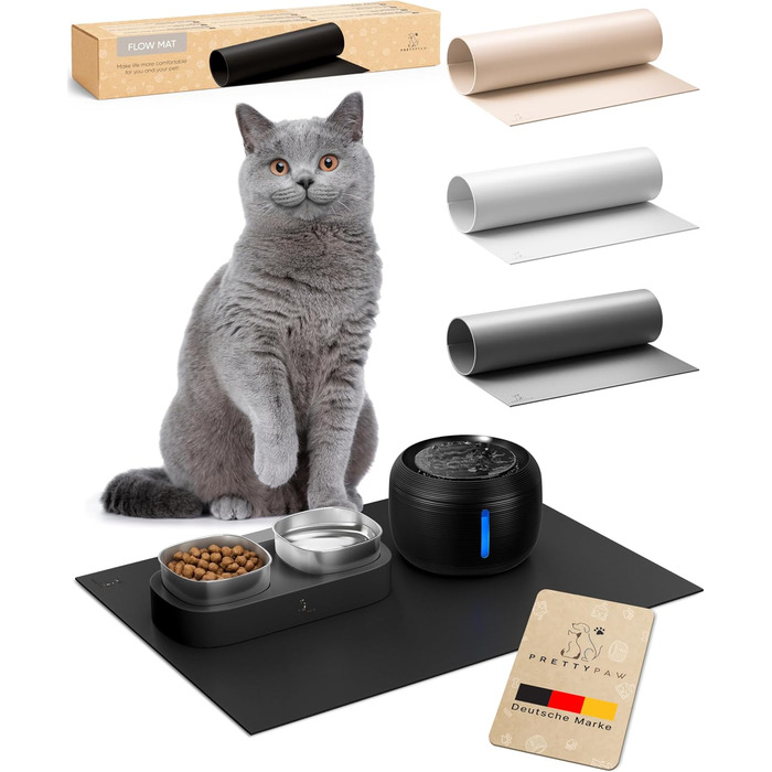 Підкладка під миску для котів Pretty PAW® 60x40 см - неслизька та водонепроникна, захист від води та бруду | Сумісна з фонтанчиком та мисками Pretty Paw (Чорний, широка)