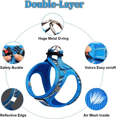 Нашийник для собак маленьких порід з повідком, анти-тягнучий, світловідбиваючий, дихаючий, нагрудник для цуценят (S, обхват грудей: 29-33см) (Синій в клітинку, XL (обхват грудей: 46-53см, вага: 8-10.5кг))