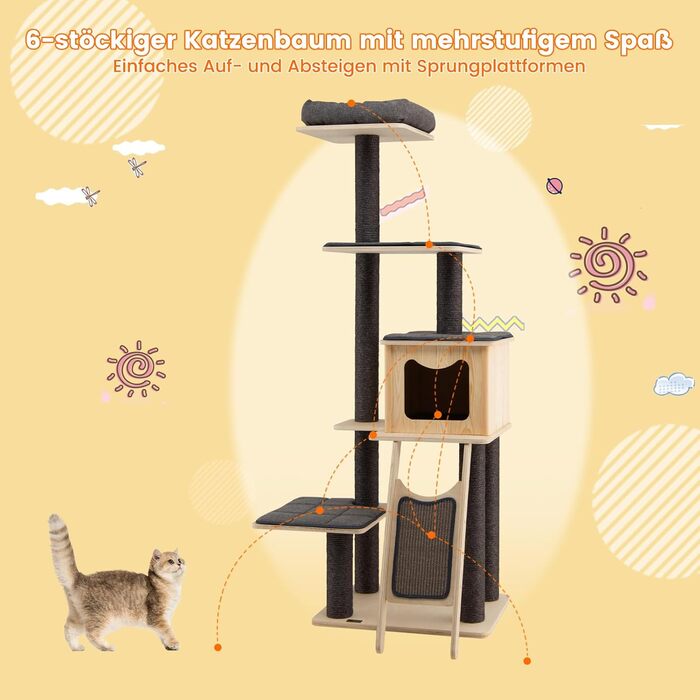 Дерев'яний котячий комплекс COSTWAY, 175 см, з будиночком, сизалевими стовпчиками, платформами та дряпалкою, 6-ярусний, сірий+бежевий