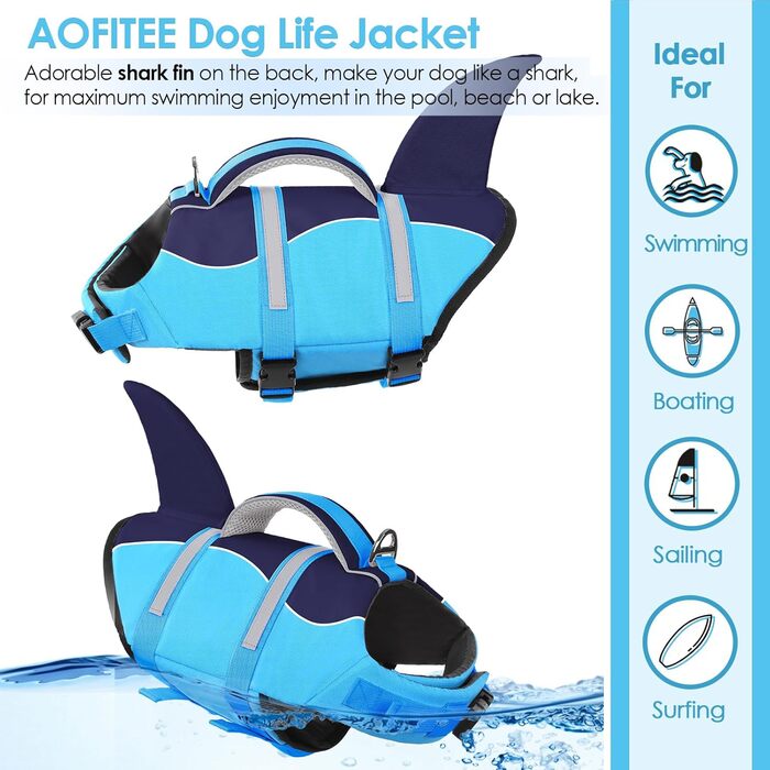 Жилет для плавання собак AOFITEE, блакитний, розмір Large, з рятувальним ручками та світловідбиваючими смугами