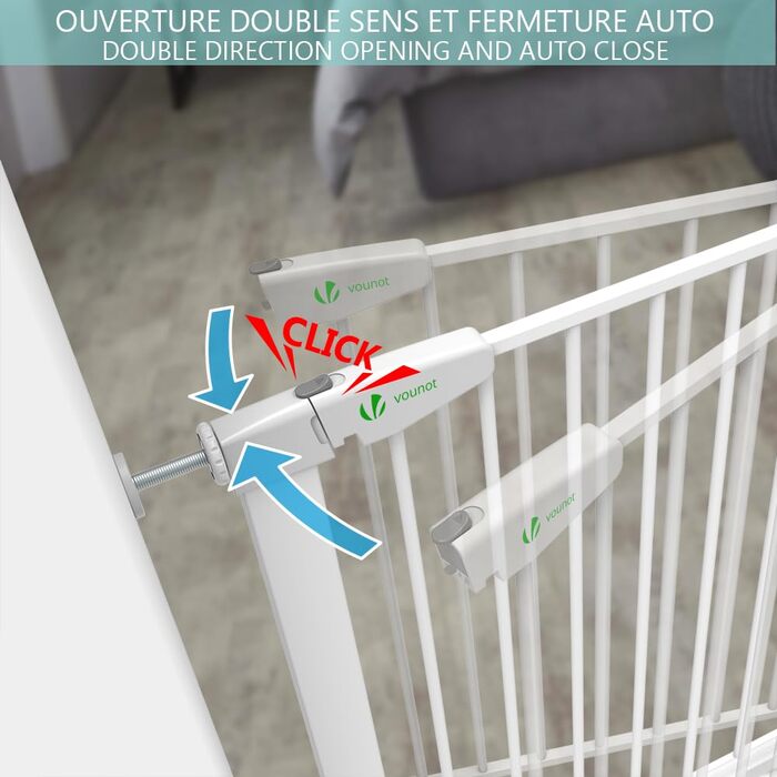 Захист для сходів Vounot: сітка без свердління, 75-108 см, для дітей, собак та котів, автоматичне закриття, магнітний замок, стопор 90°, білий (2x подовження)