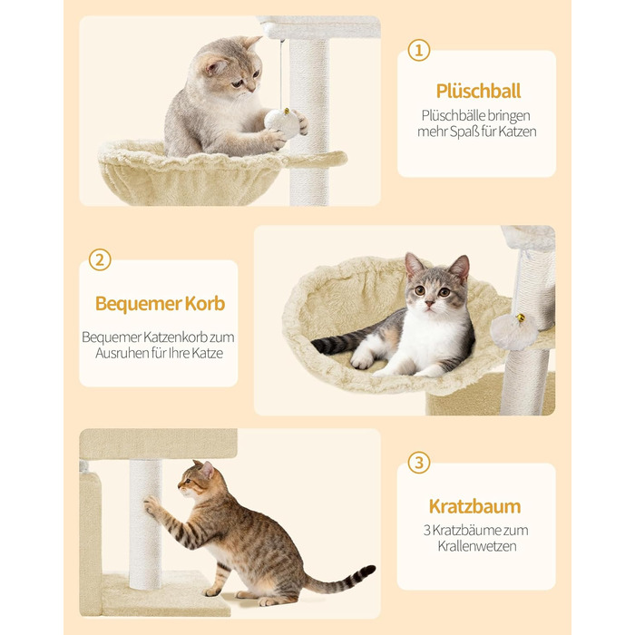 Дерево для кігтів Hzuaneri Kratzbaum 75 см, стійкий, з великою лежанкою, гrottoм, сизалевими стовпами, кошиком та іграшками, меблі для котів, MS07618LG (55 x 30 x 75 см, бежевий)