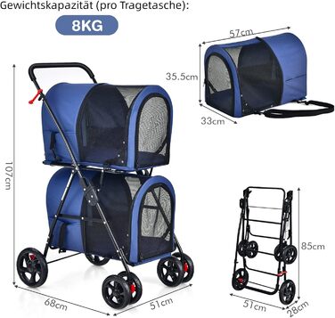 GYMAX Складаний візок для собак, буги для тварин з 2 знімними кишенями, візок для собак з передніми та задніми дверцятами, переноска для домашніх тварин з сітчастою тканиною та колесами з гальмами, переноска для собак та котів (Блакитний)