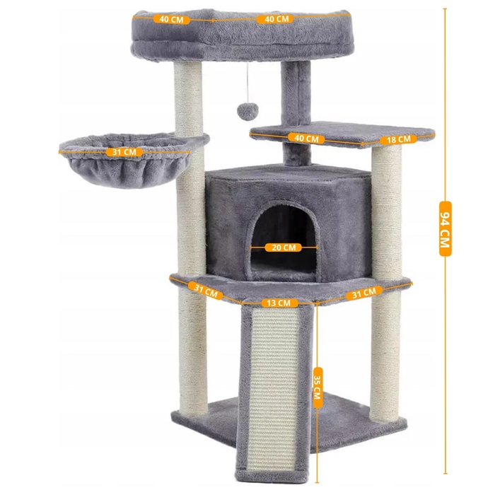 Високий кігтеточка-комплекс Petjet, сірий, сизаль, 5 рівнів