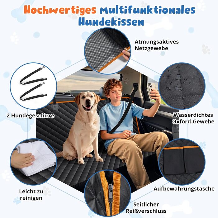 Водонепроникний килимок для собак у машину Heatail для заднього сидіння з боковими захисниками та сіткою, 135 x 148 см, чорний/помаранчевий