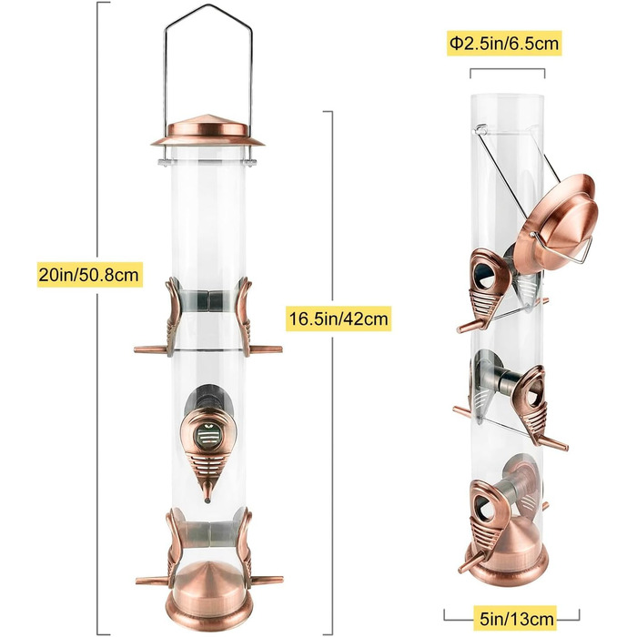 Металева годівниця для птахів з підвісним тросом, 6 відділень, для насіння, антична мідь